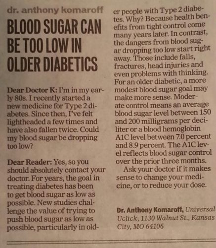 Blood Sugars can be too low in older diabetics